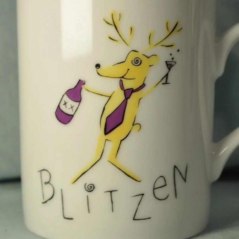 *BOGO mugs* 14 oz mug Blitzen reindeer Pottery Barn (w1288)